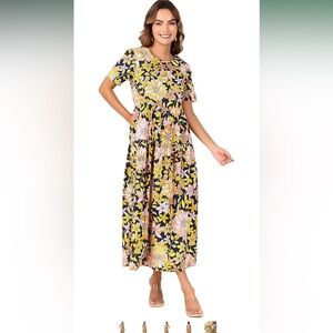 BOHEEWOHEE Size SMALL Bohemian 100% Cotton Floral Printed Maxi Swing Dress NEW